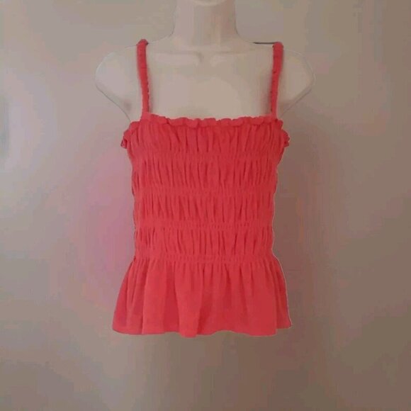 NEW BAR III WOMEN'S TERRY RUFFLED SMOCKED TOP WATERMELON PUNCH SZ M - Picture 2 of 6